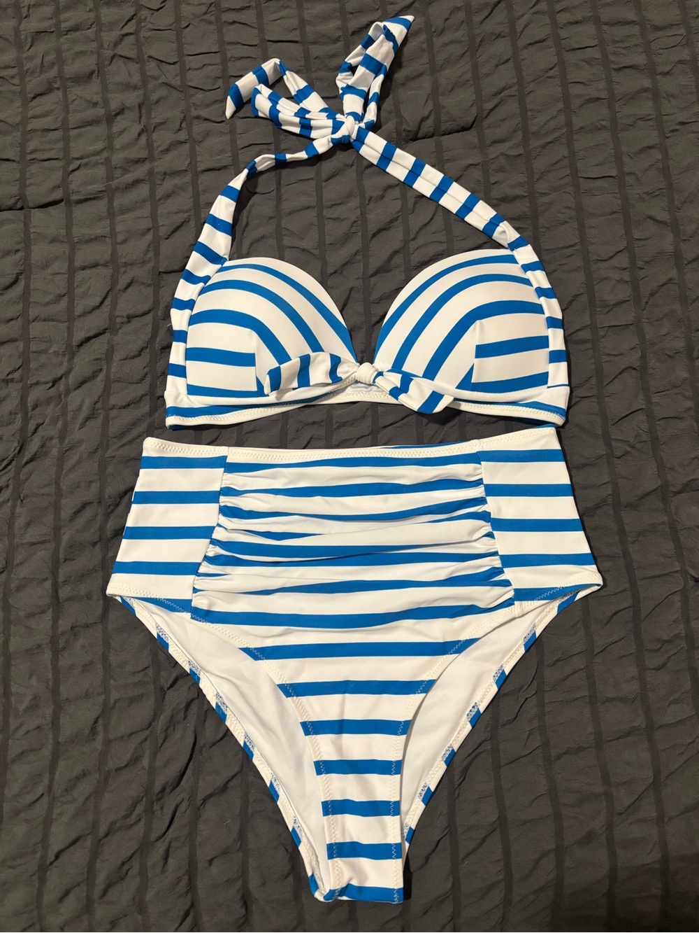Cupshe Blue and White Striped High-Waist Bikini Set